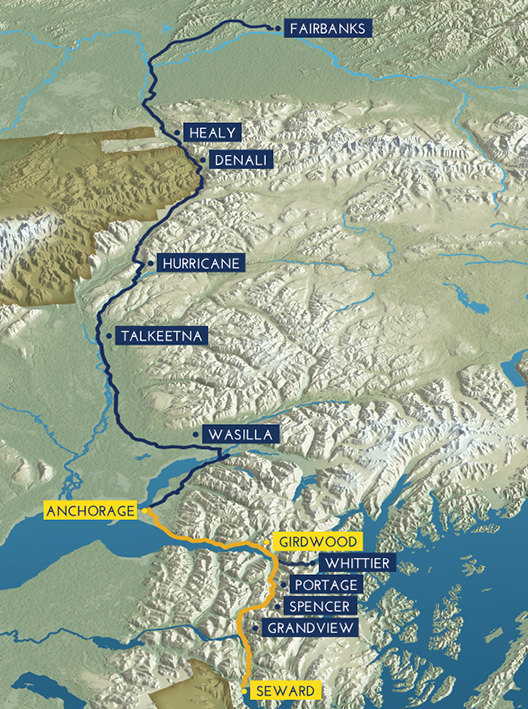 A map highlighting the Coastal Classic route on the Alaska Railroad from Anchorage Alaska to Seward