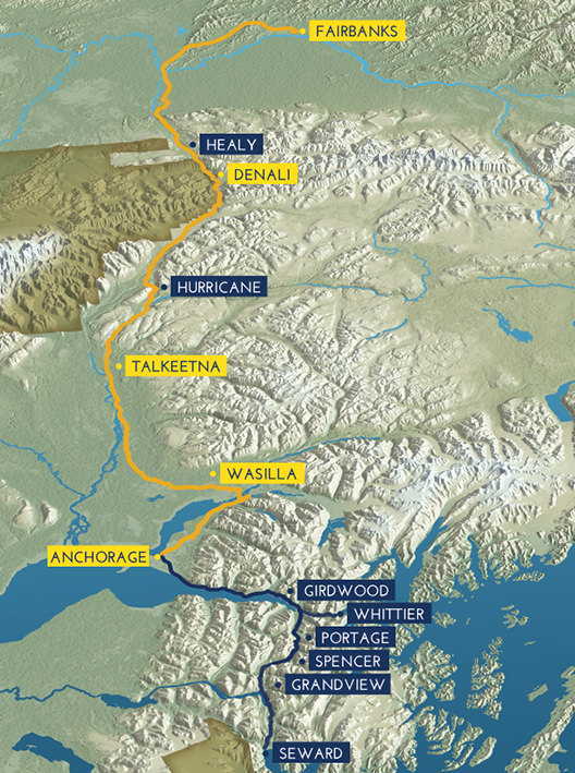 A map highlighting the Denali Star route on the Alaska Railroad from Anchorage to Fairbanks Alaska.