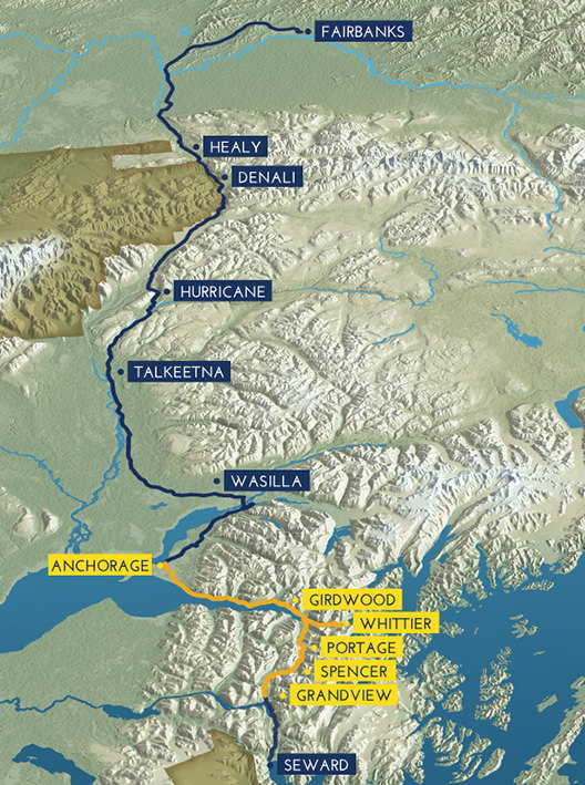 A map highlighting the  Glacier Discovery route on the Alaska Railroad from Anchorage to Whittier then to Grandview.